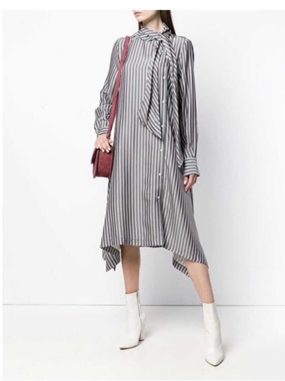 SEE BY CHLOE | Gray Striped Asymmetrical Tie-Neck Button Down Midi Dress Sz 38